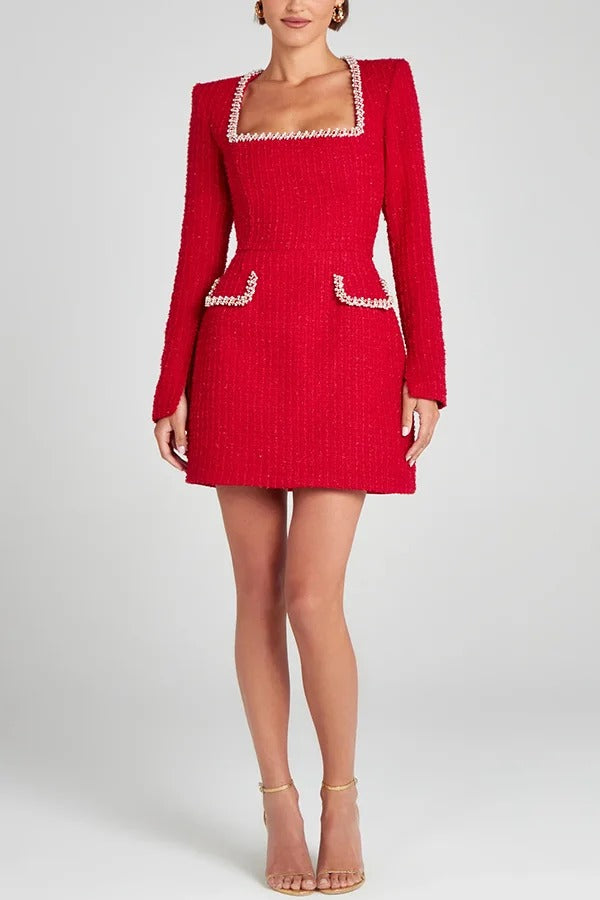 Lexi® | Girly and glamorous mini dress in tweed fabric with beaded trim, long slit sleeves and pockets