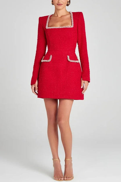 Lexi® | Girly and glamorous mini dress in tweed fabric with beaded trim, long slit sleeves and pockets