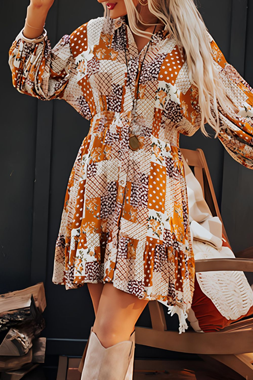 Luz® | Printed mini shirt dress with collar and three-quarter sleeves
