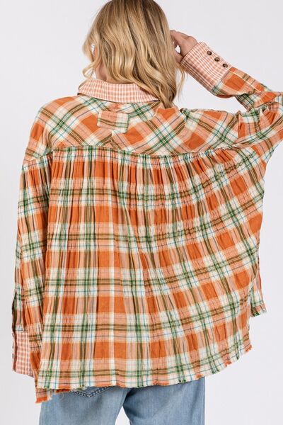 Aelwen® | Checked button-down long sleeve shirt with side slit