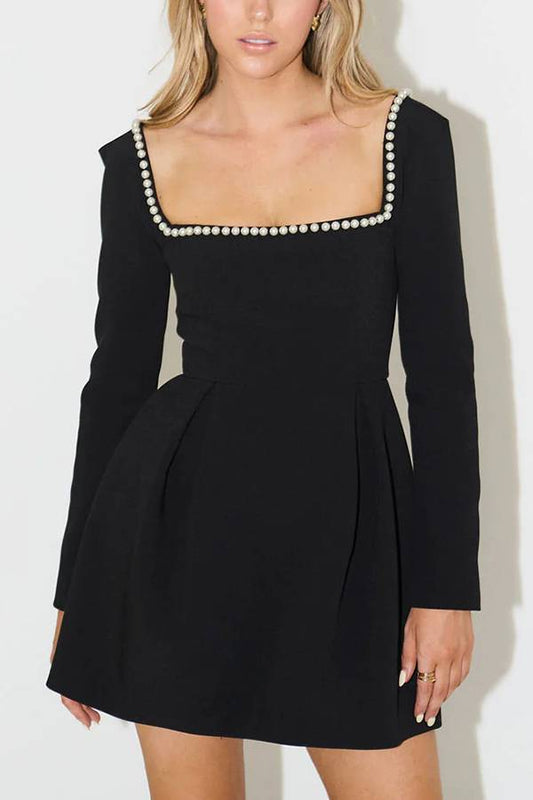 Lena® | Beaded long sleeve mini dress with square neckline