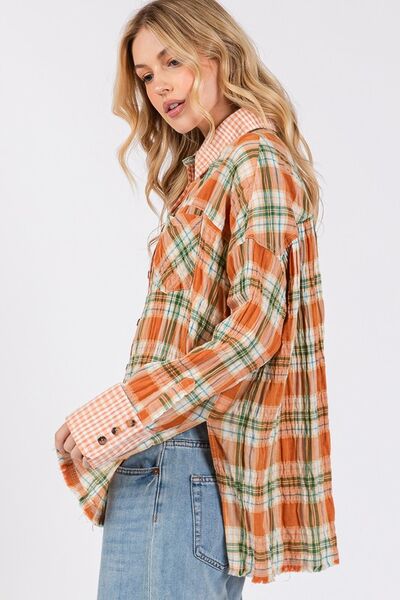 Aelwen® | Checked button-down long sleeve shirt with side slit