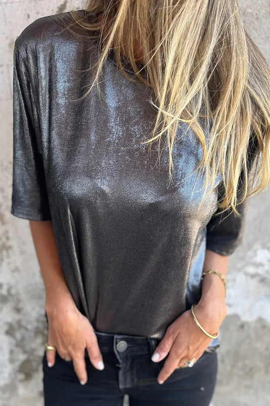 Lina® | Short sleeve, loose, solid color metallic crew neck t-shirt