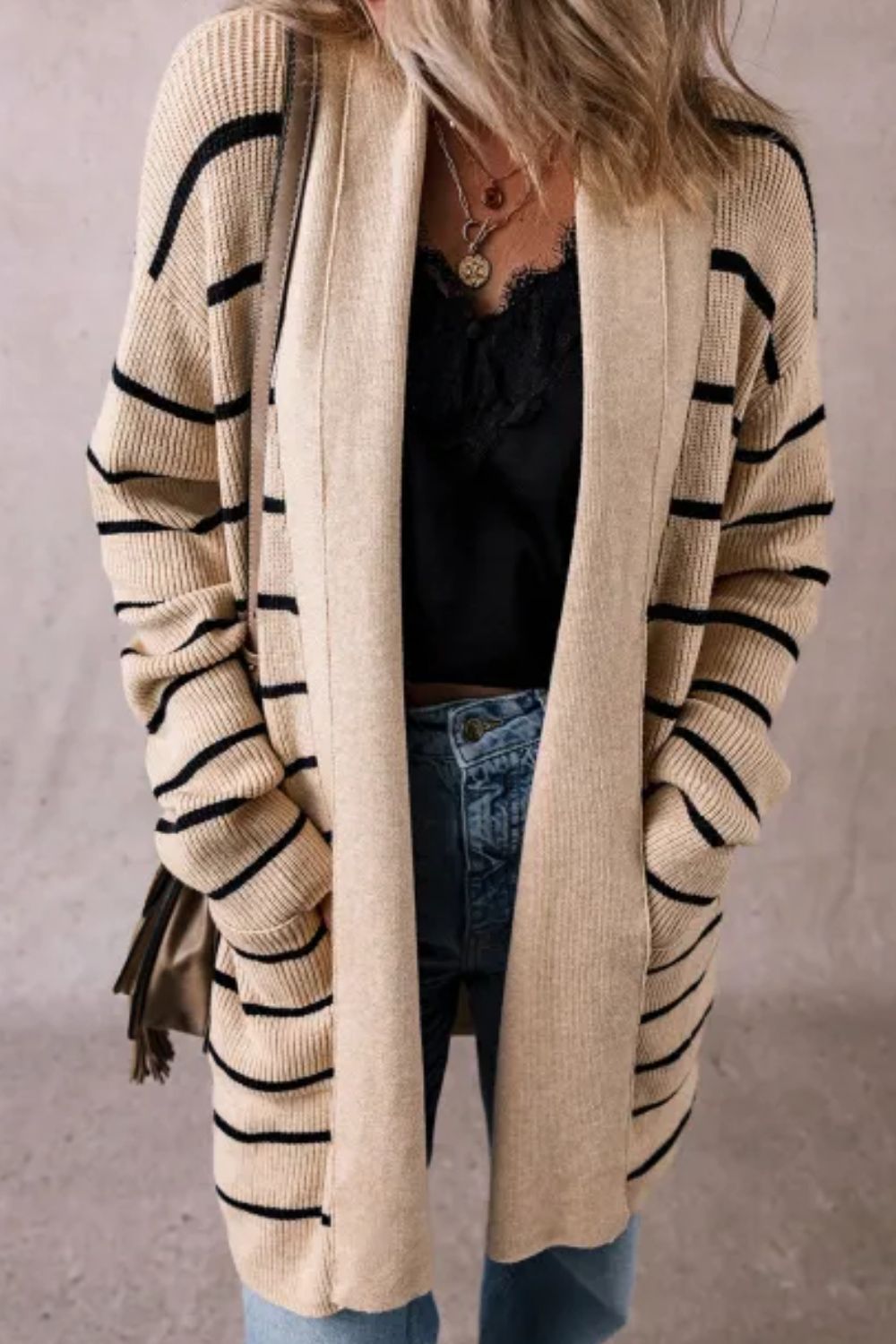 Leoncia | Striped, open front long sleeve cardigan