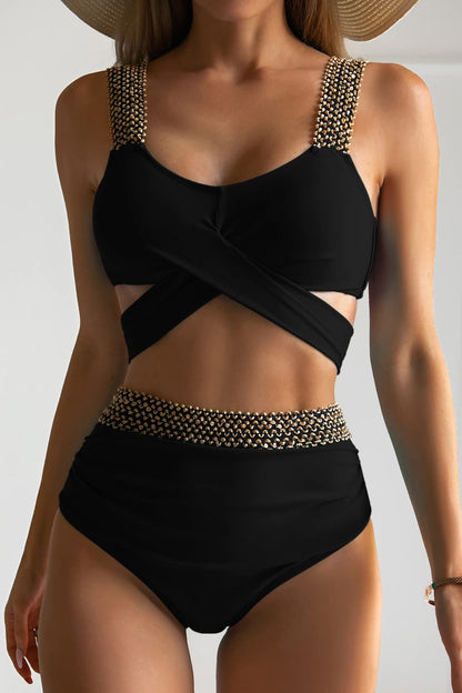 Luz® | Gold-colored bikini with cross straps and a high waist