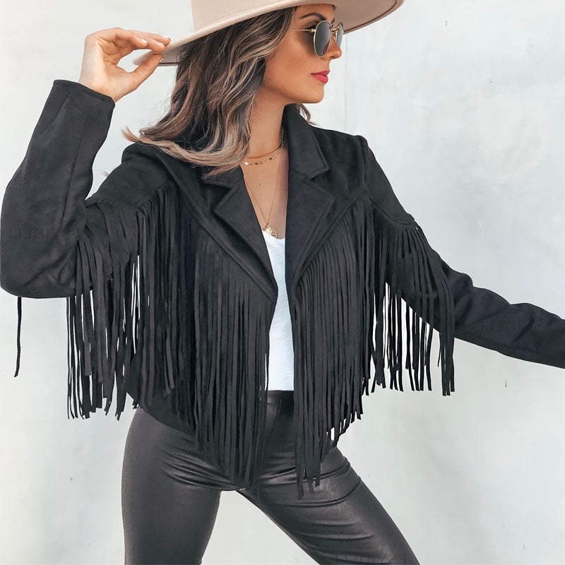 Adriana® | Biker style suede jacket with cowboy fringes