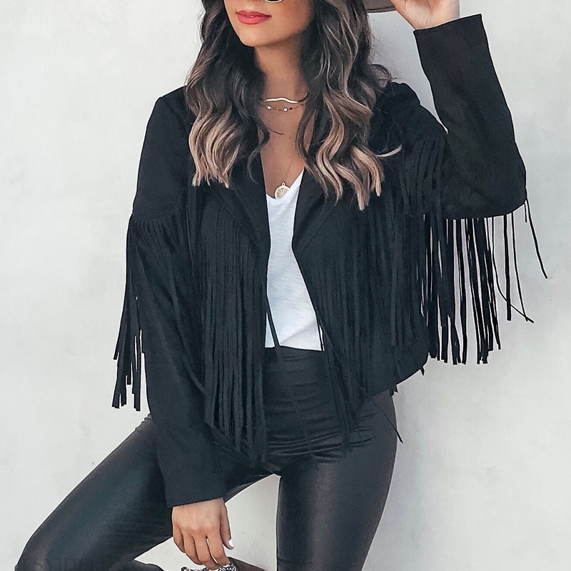 Adriana® | Biker style suede jacket with cowboy fringes