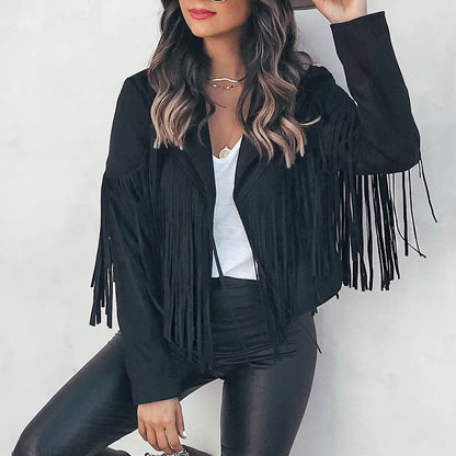Adriana® | Biker style suede jacket with cowboy fringes
