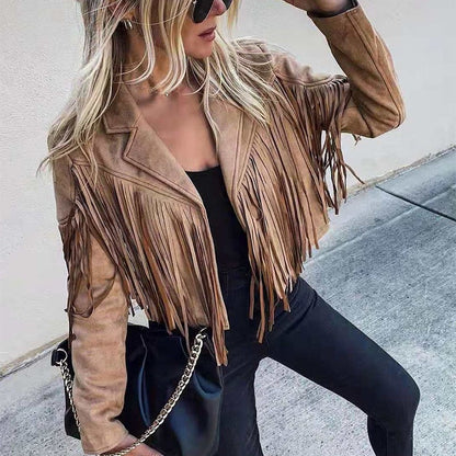 Adriana® | Biker style suede jacket with cowboy fringes
