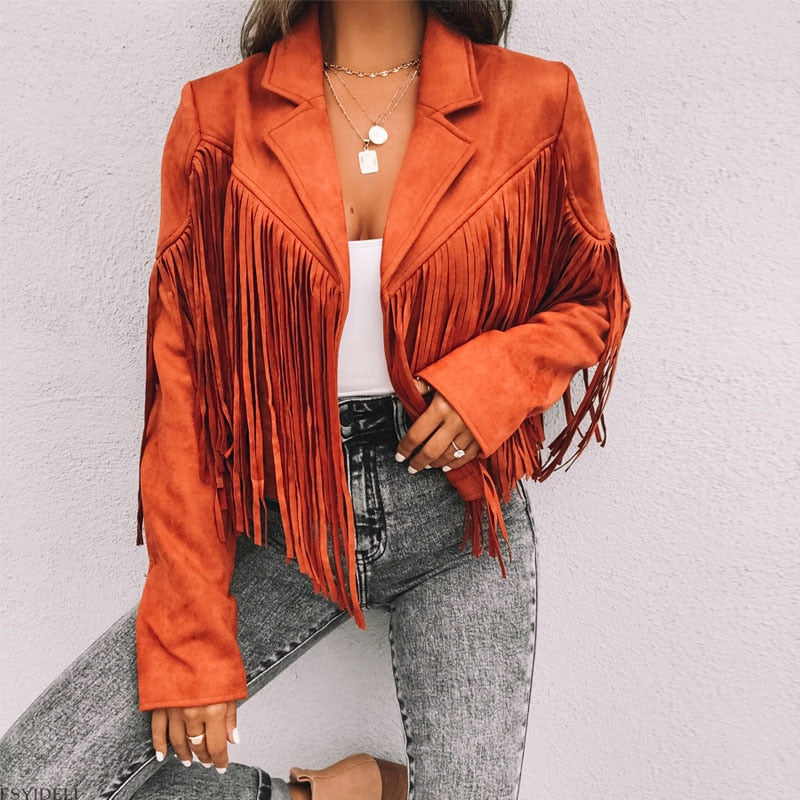 Adriana® | Biker style suede jacket with cowboy fringes