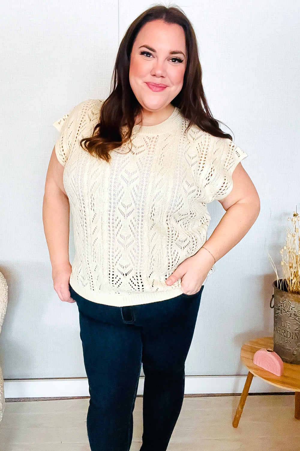 Abigail® | The perfect beige short sleeve crochet sweater top from Find