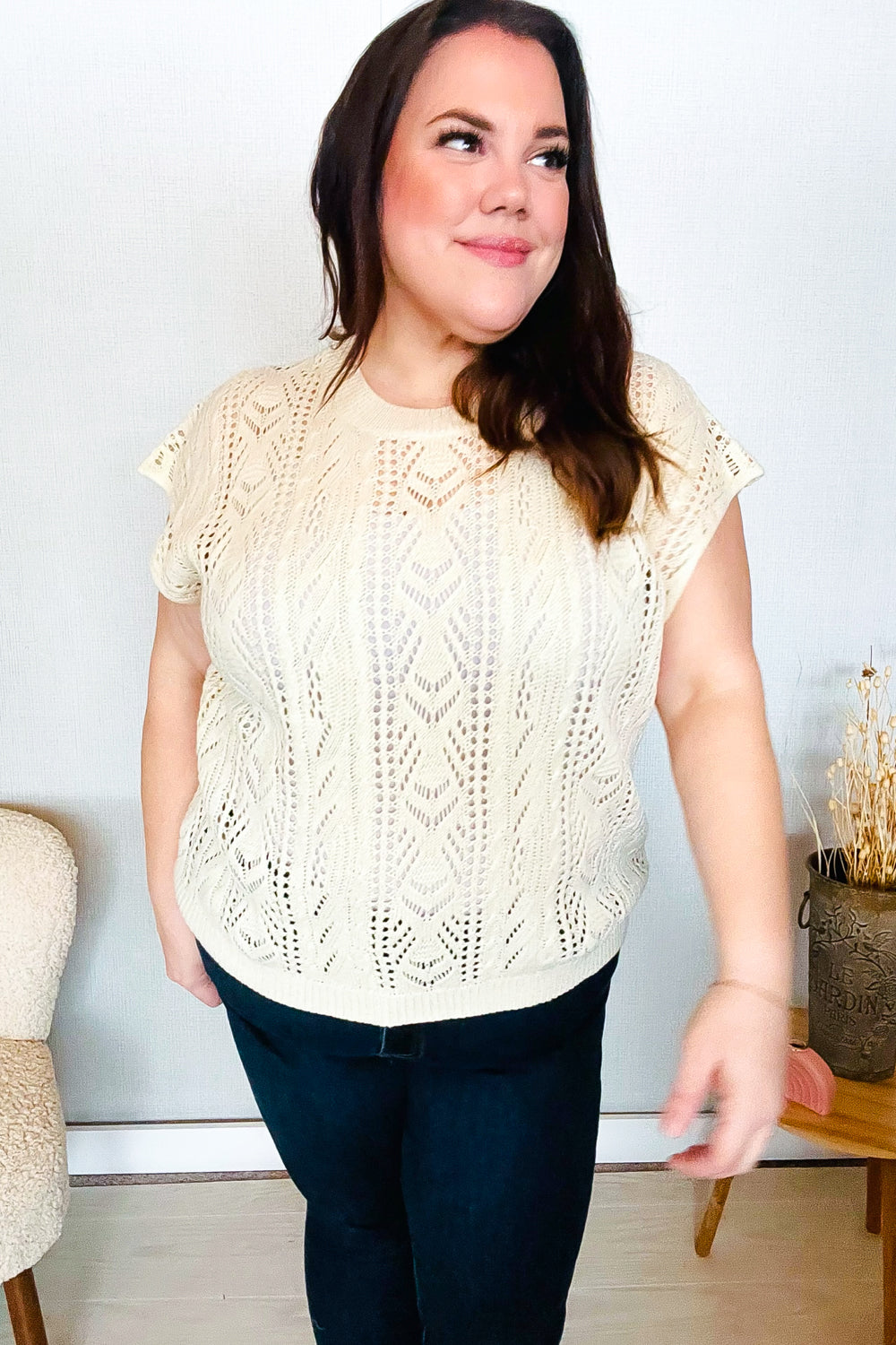 Abigail® | The perfect beige short sleeve crochet sweater top from Find