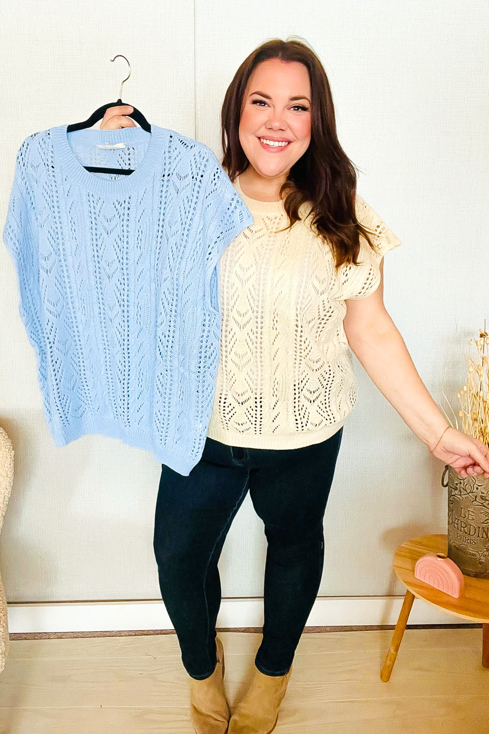 Abigail® | The perfect beige short sleeve crochet sweater top from Find