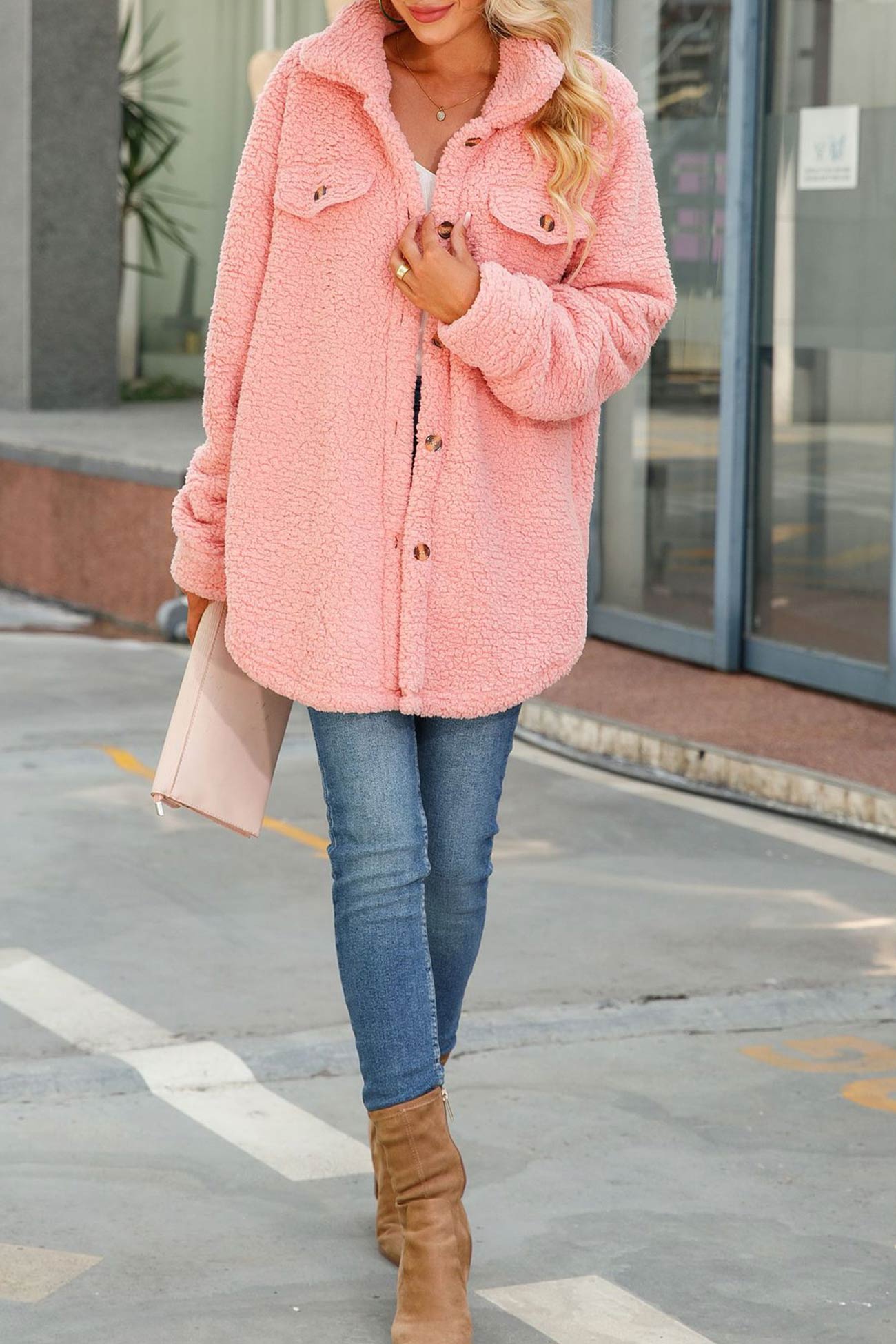 Leonie® | Solid color, single-breasted plush coat with lapels