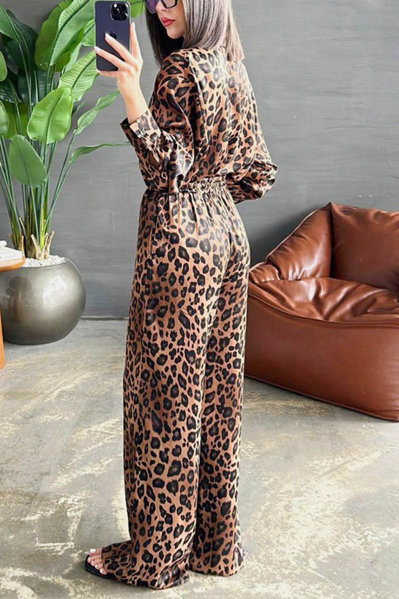 Adele® | Leopard print long sleeve blouse set