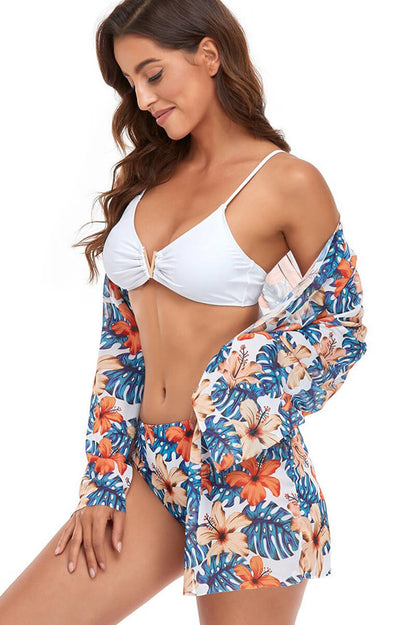 Delia® | White floral print beach bikini and blouse set
