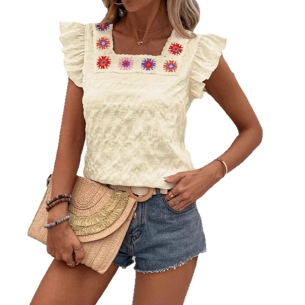 Luz® | Women'S Blouse With Flounce And Hand-Embroidered Design