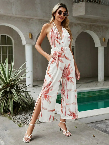 Lyra® | Elegant floral print halter wide leg pants jumpsuit