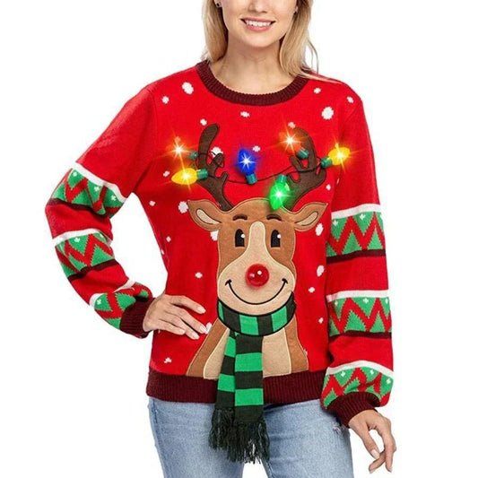 Lya® | Knitted sweater with cartoon Christmas reindeer and LED lights for women