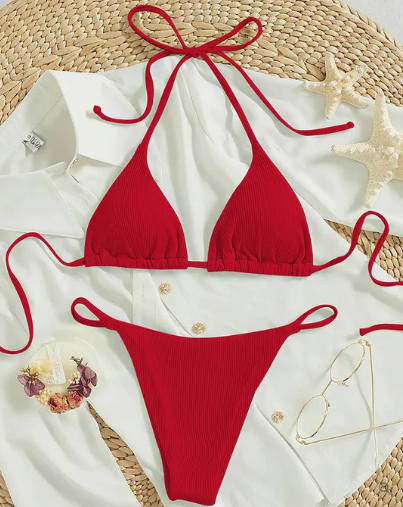 Antonella® | Blue bikini with high band and V-neck