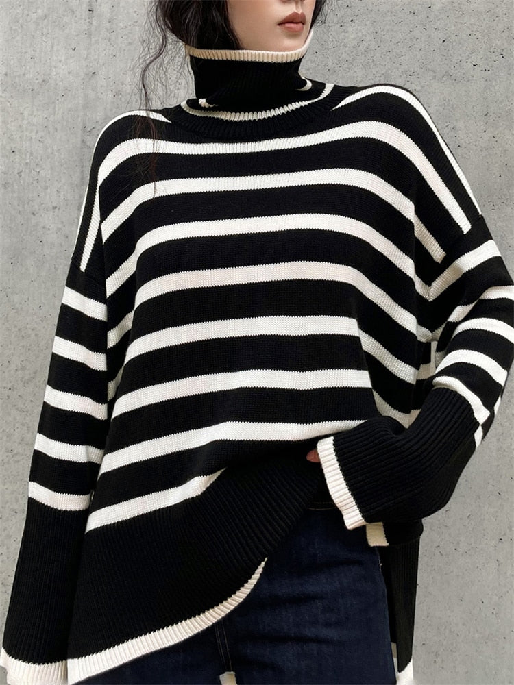 Victoria® | Oversized, high-neck blouse in striped mesh fabric