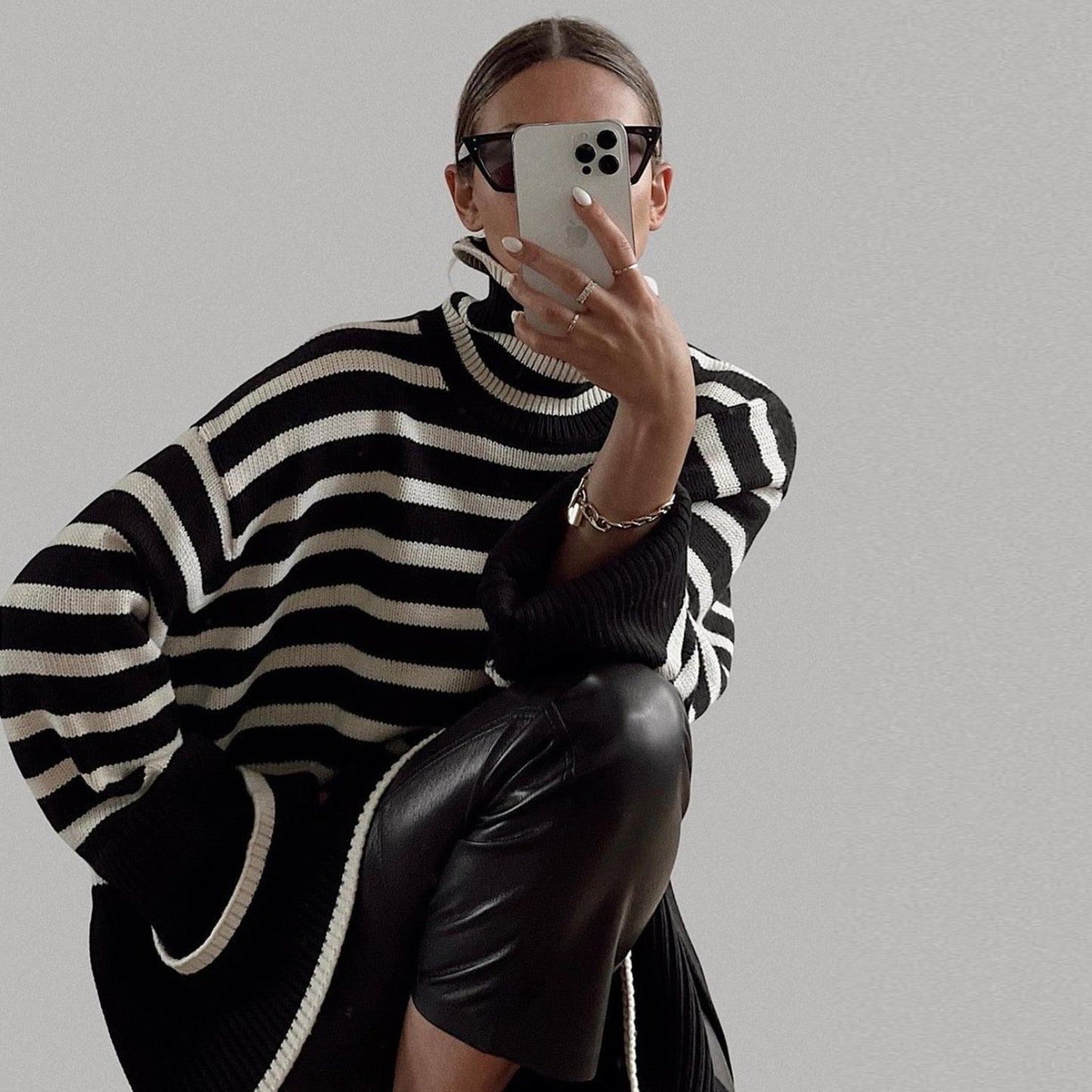 Victoria® | Oversized, high-neck blouse in striped mesh fabric