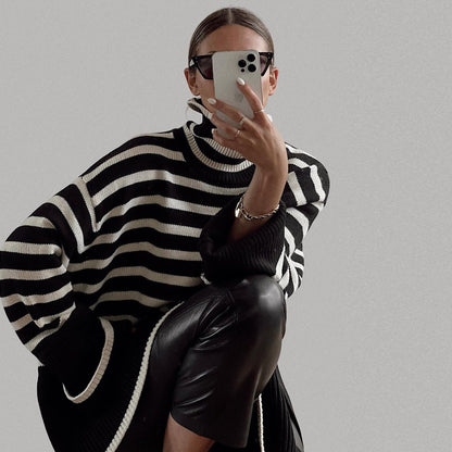 Victoria® | Oversized, high-neck blouse in striped mesh fabric