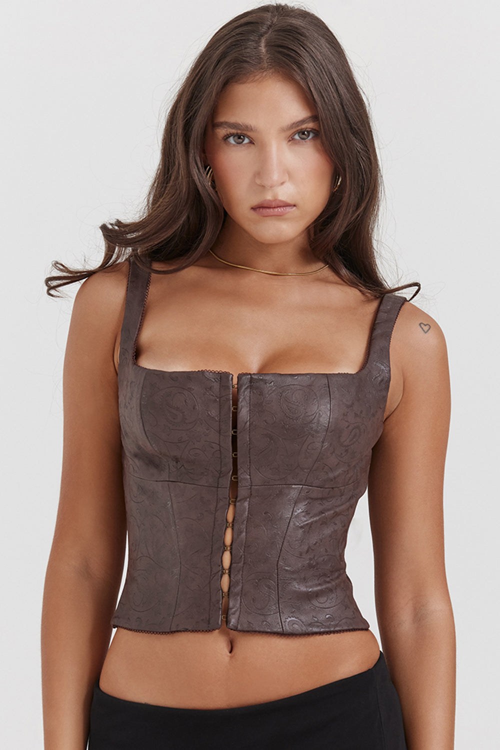 Adriana® | Elegant women's corset top made of faux leather with a hook closure in brown