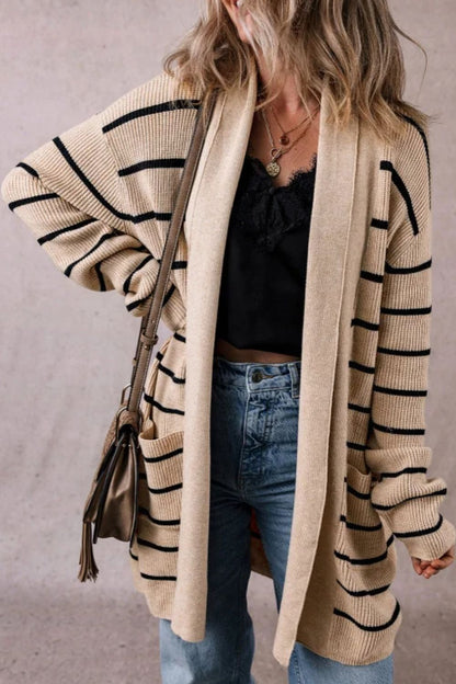 Leoncia | Striped, open front long sleeve cardigan