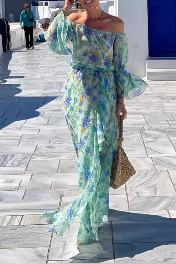 Liam® | Joyful Journeys floral print off shoulder maxi dress with elastic waist and ruffles