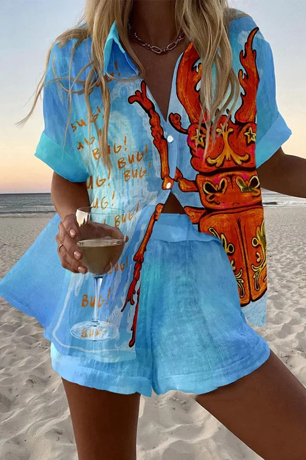 Leticia® | Loose buttoned shorts set with elastic waistband and beetle print