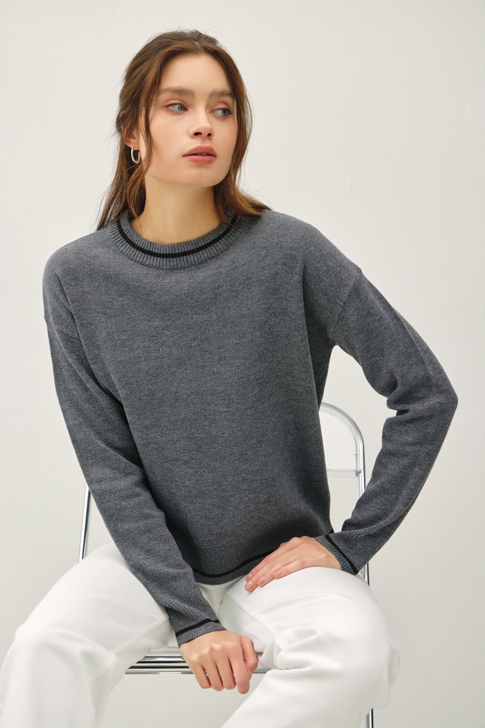 Liboria | Be Cool long-sleeved sweater with striped trim and crew neck