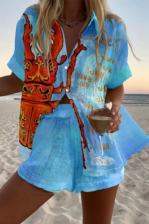Leticia® | Loose buttoned shorts set with elastic waistband and beetle print