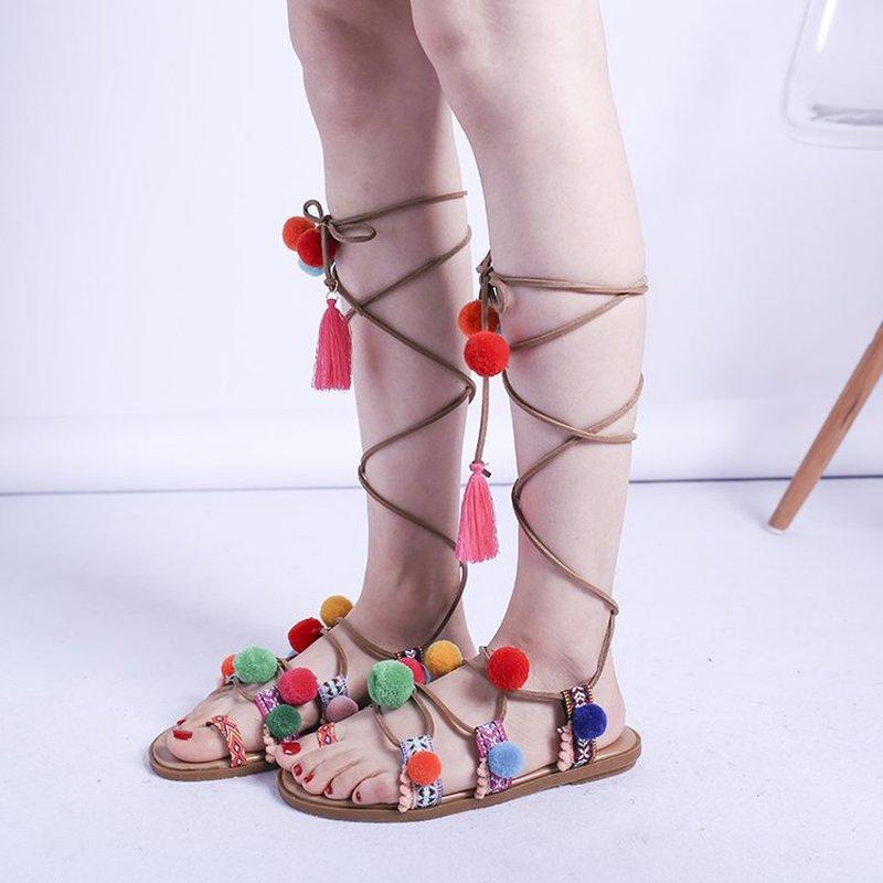 Eva® | Boho Sandals With Colorful Pompoms