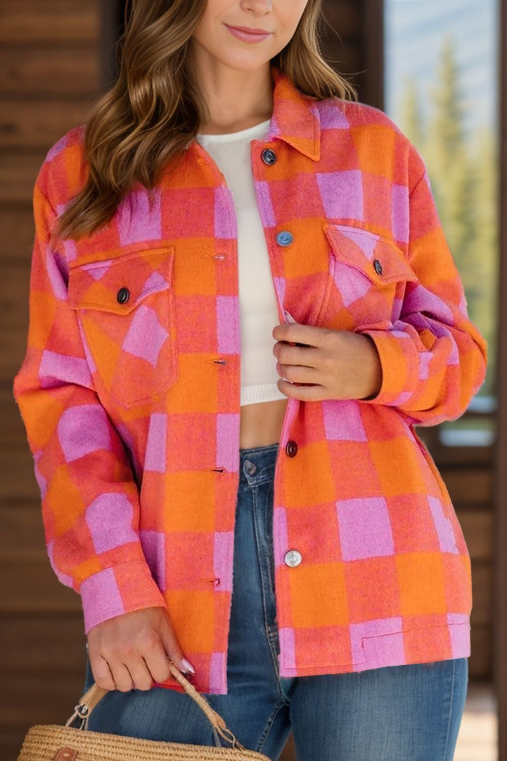 Adelina® | Long sleeve jacket with a color block check pattern and buttons