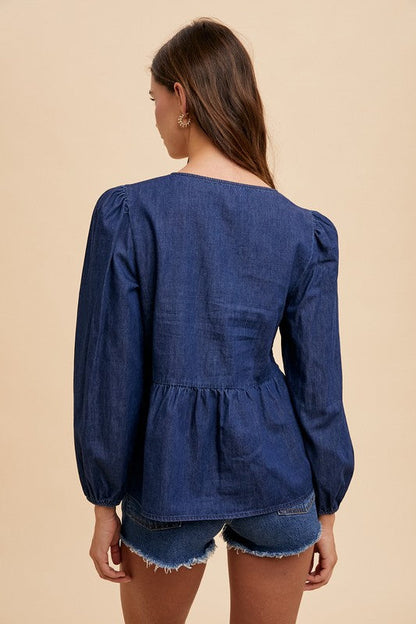 Lyra® | Long sleeve denim top with tie front peplum