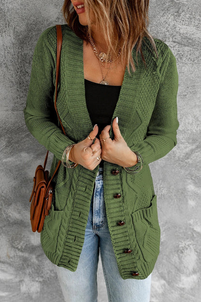 Lyra® | Green cardigan with front pocket and button closure