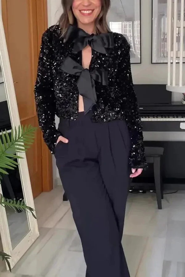Leslie® | Two ways to celebrate a jacket with a bow and sequins at the front