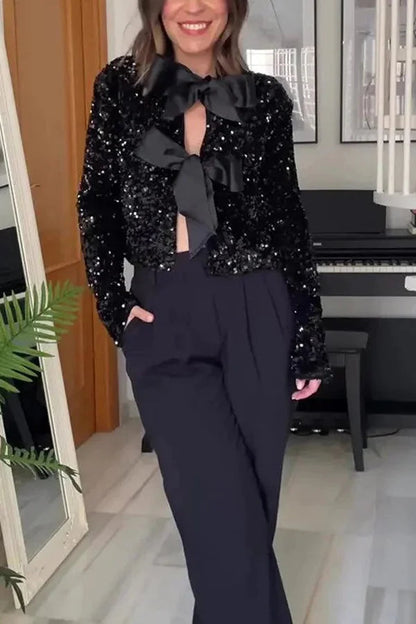 Leslie® | Two ways to celebrate a jacket with a bow and sequins at the front