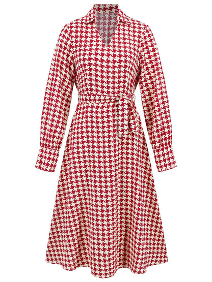 Abigail® | Long sleeve houndstooth lace-up midi dress