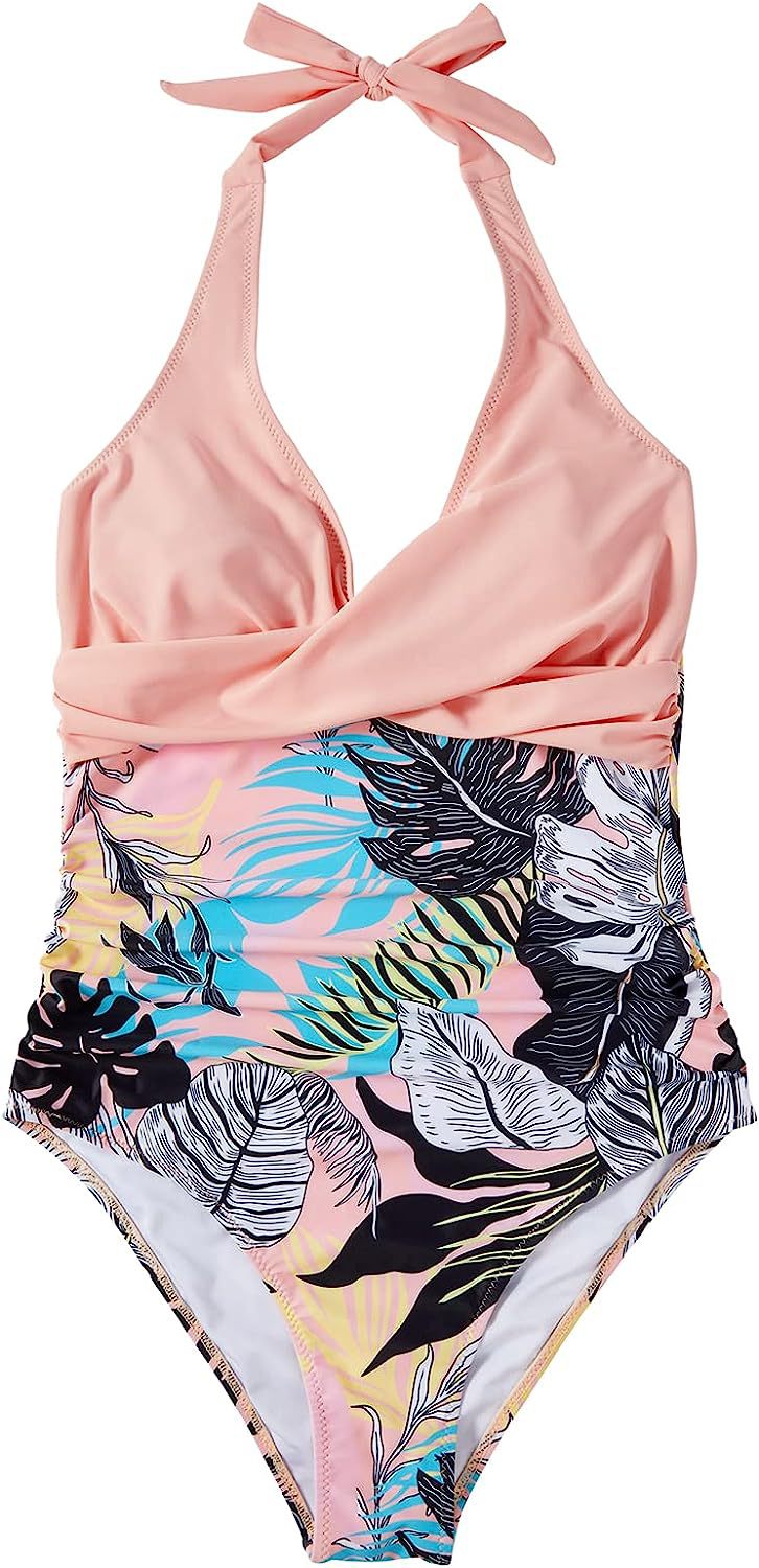Lyra® | Two-tone V-neck halterneck swimsuit with print