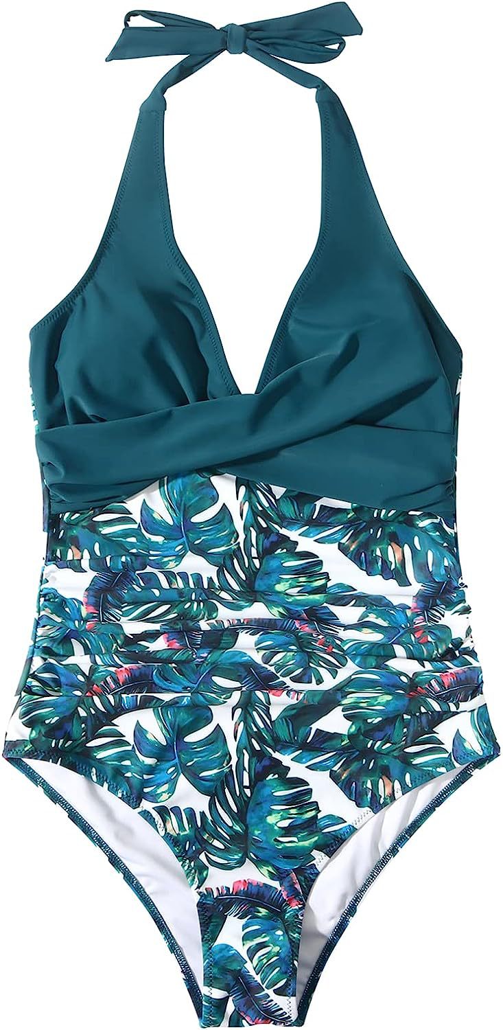 Lyra® | Two-tone V-neck halterneck swimsuit with print