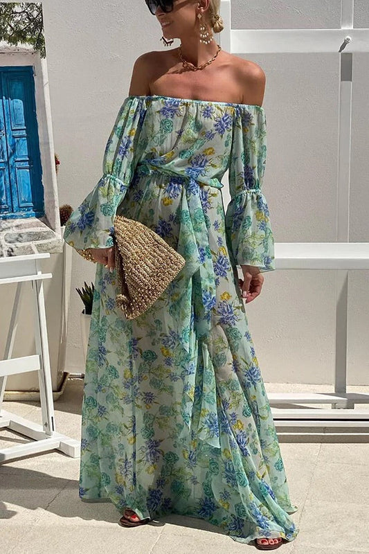 Liam® | Joyful Journeys floral print off shoulder maxi dress with elastic waist and ruffles