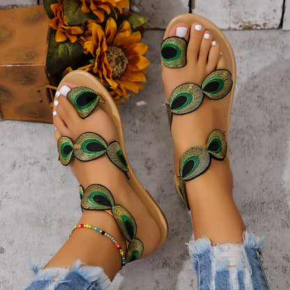 Reina® | Fashion Peacock Embroidery Pattern Flat Sandals