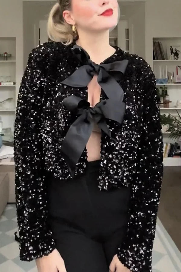 Leslie® | Two ways to celebrate a jacket with a bow and sequins at the front