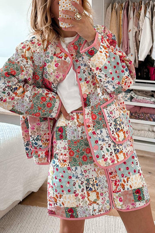 Leila® | Vintage Patchwork Flower Print Button Up Pocketed Quilted Lightweight Jacket