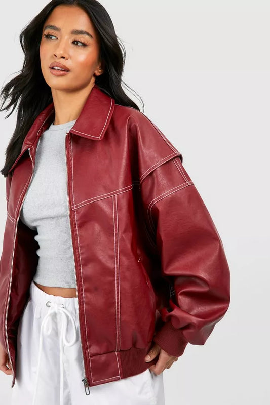 Abigail® | Red oversized leather jacket