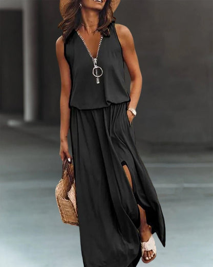 Adalgisa® | Elegant Cotton Mix Zip Dress With Slit